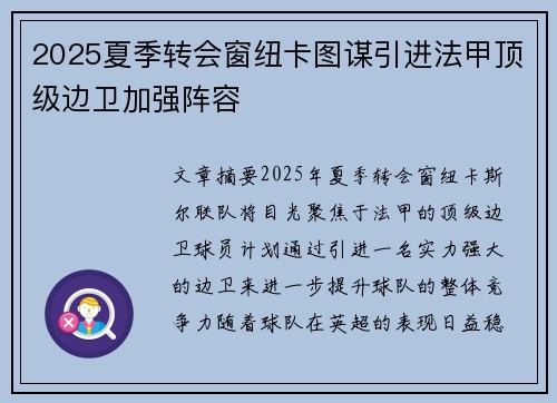2025夏季转会窗纽卡图谋引进法甲顶级边卫加强阵容 2025夏季转会窗纽卡图谋引进法甲顶级边卫加强阵容
